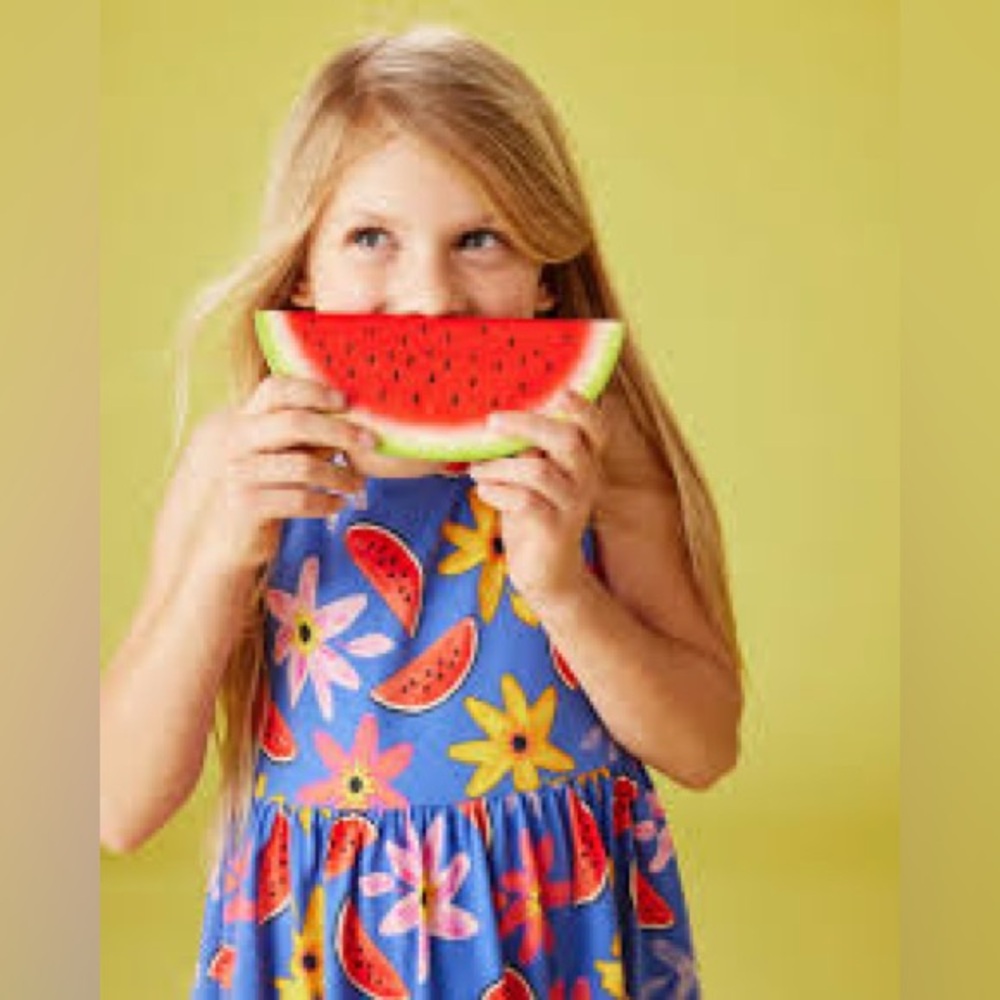 Tea Collection Watermelon Floral Tiered Sleeveless Cotton Dress Blue Multi
